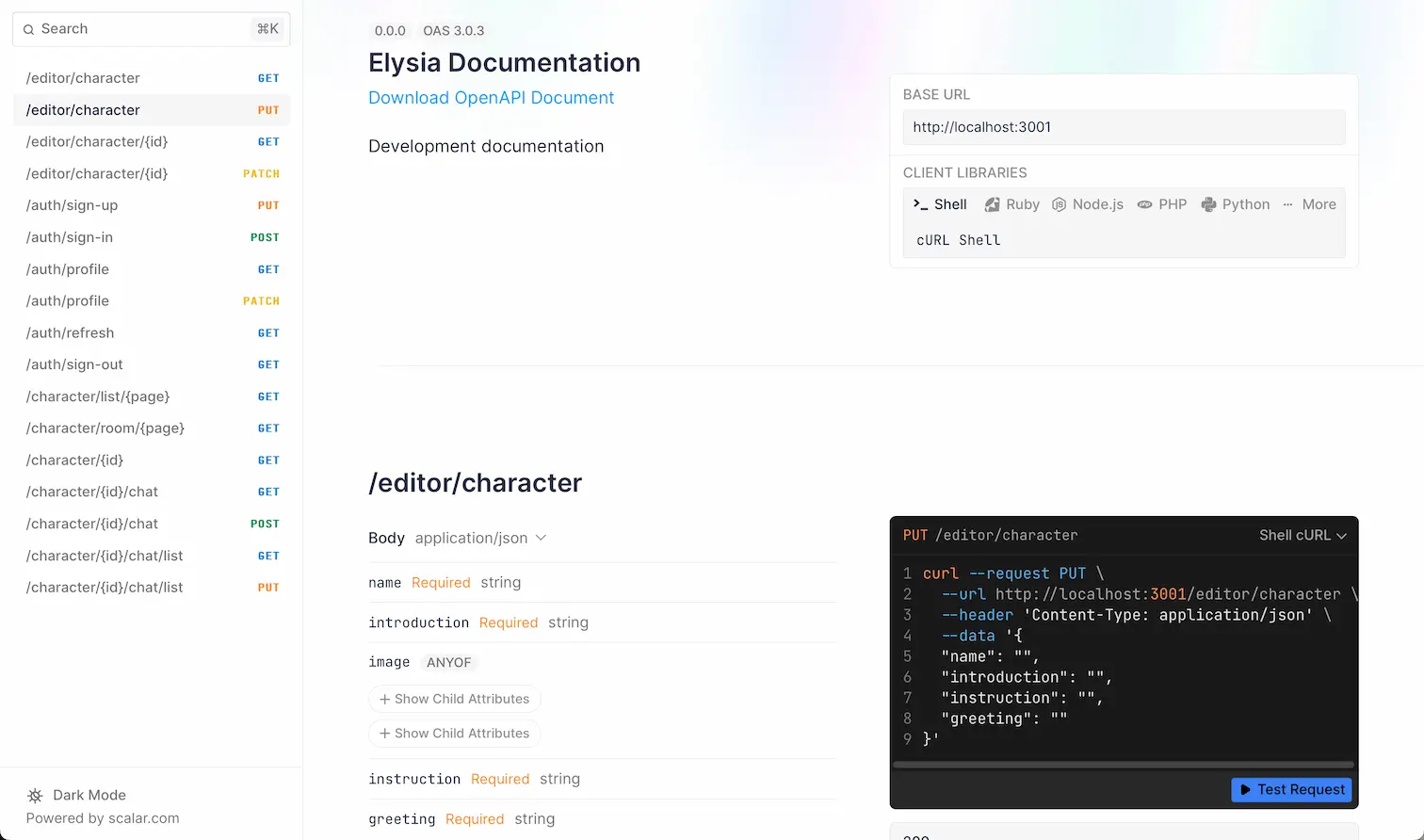 Scalar documentation generated by Elysia using Elysia Swagger plugin