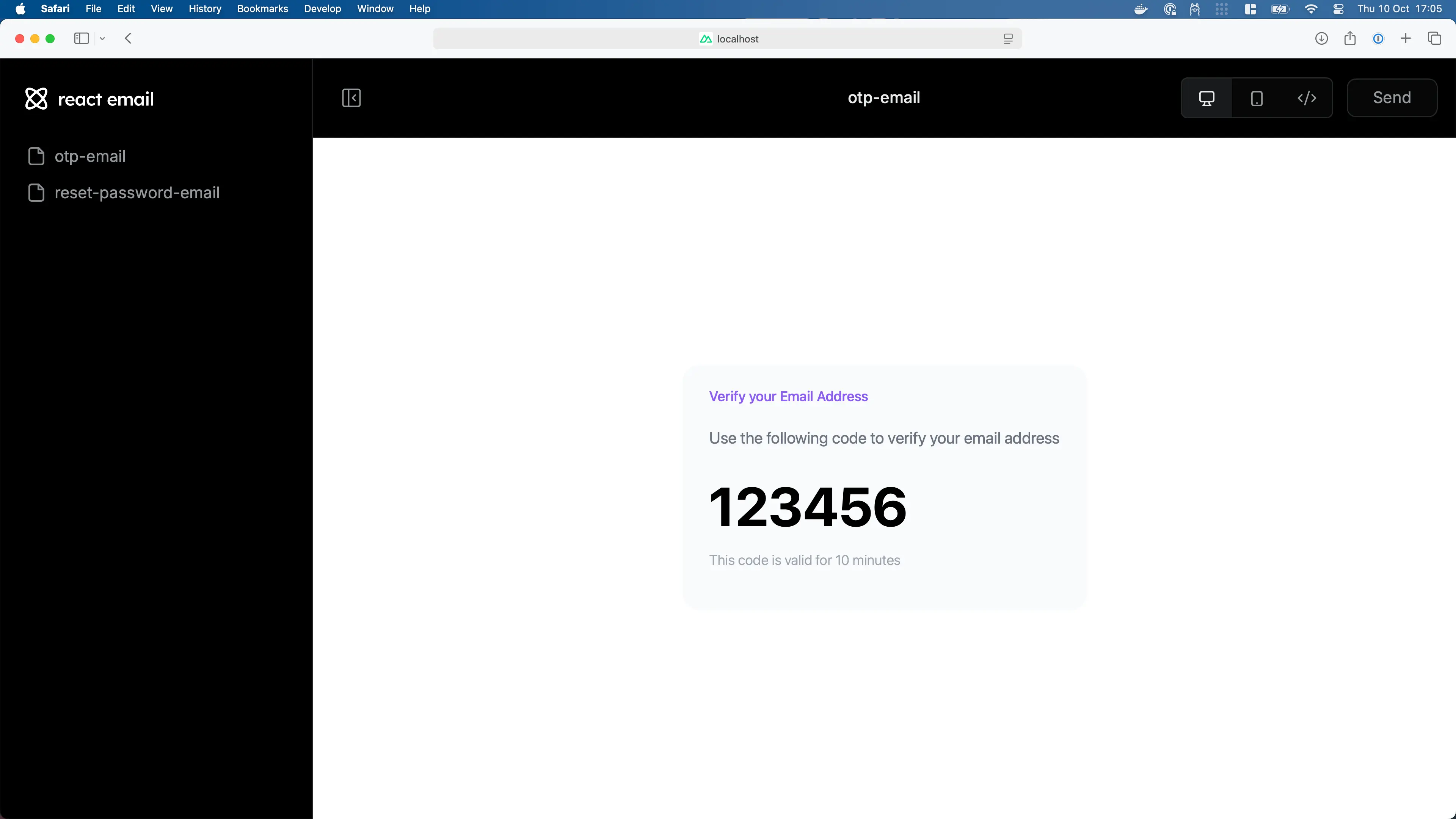 React Email playground showing an OTP email we have just written